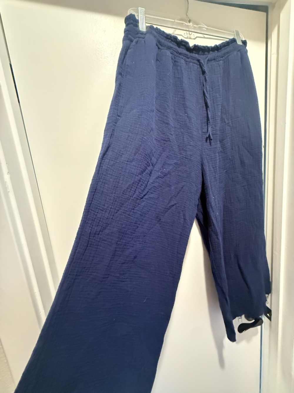 Elastic Waist Navy Cropped Wide-Leg Pants